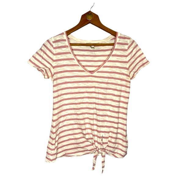 Express One Eleven Blouse Top Women's Striped Knotted Hem Short Sleeve - Picture 1 of 6